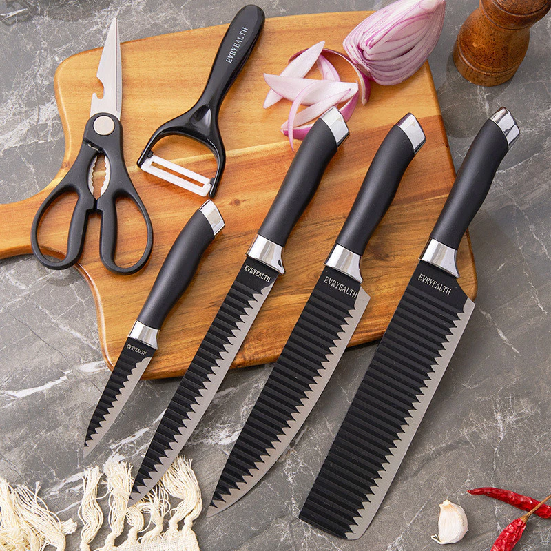 Kit 6 Peças Facas Antiaderente em aço inox com cabo preto ergonômico